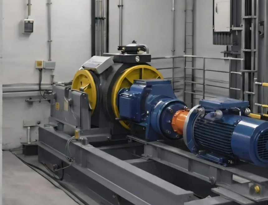 Máquina de tração e motor de elevador na casa de máquinas